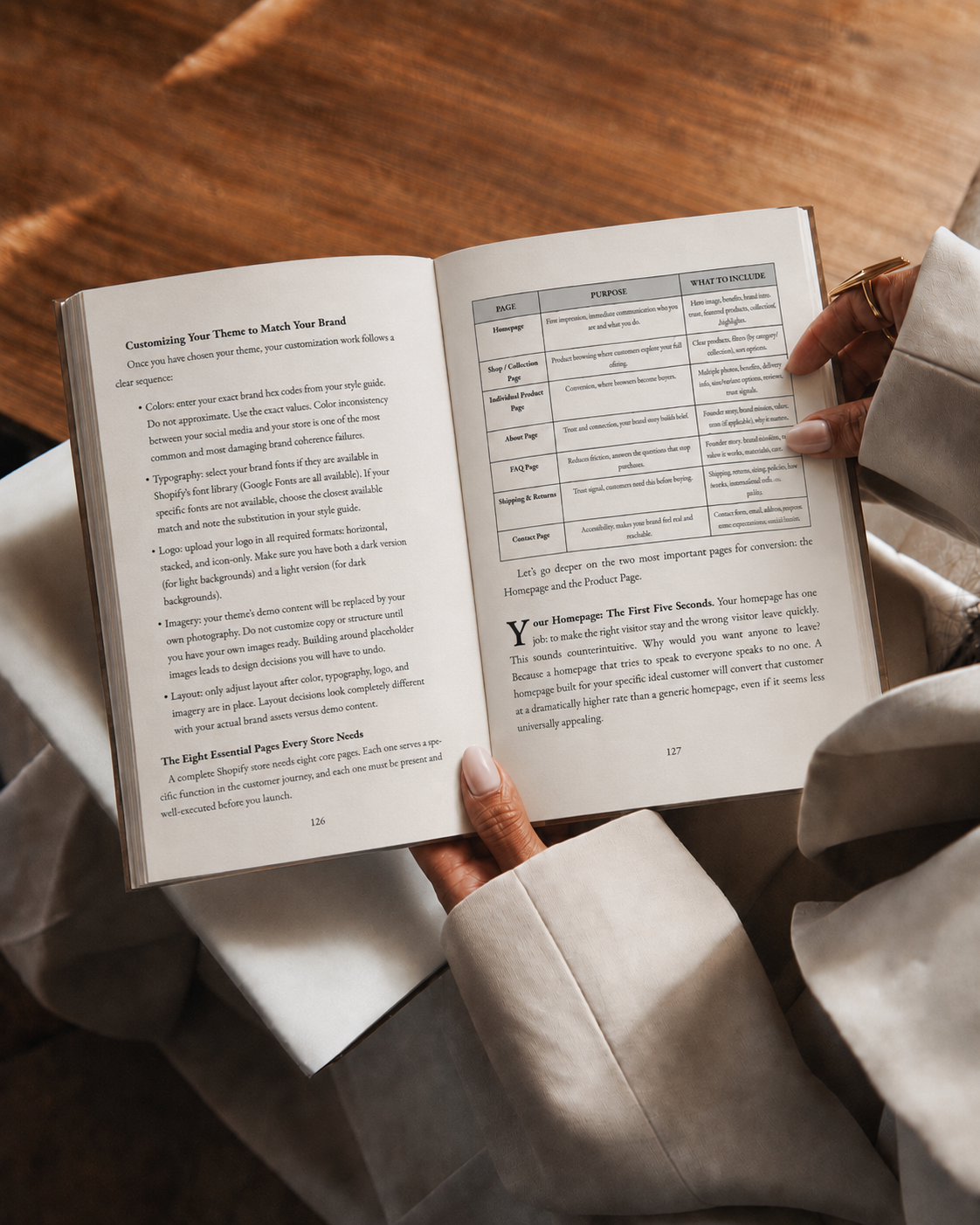 Open pages of Start A Jewelry Brand showing how to customize your store theme and the eight essential pages every jewelry store needs