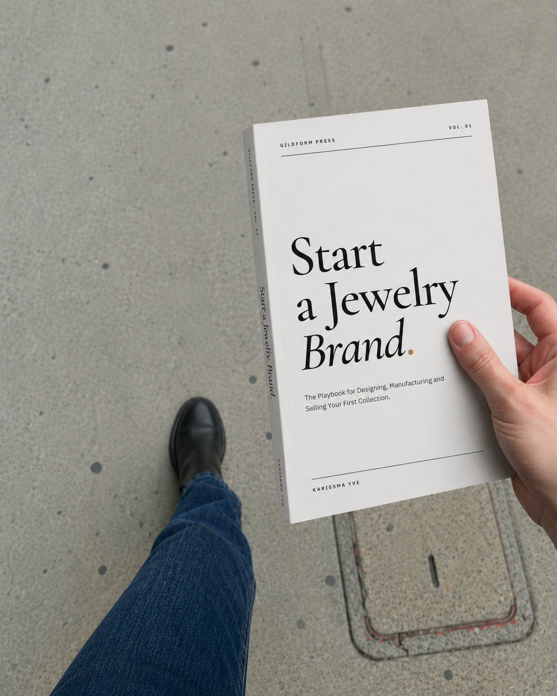 Start A Jewelry Brand book held in hand over a concrete sidewalk